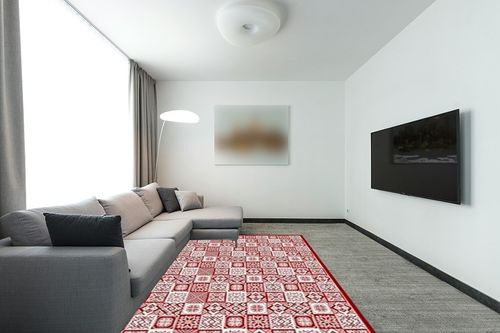 WondRg Christmas Area Rug 6x9 Red Snowflake Checkered Decorative Living Room Bedroom Throw Rug Washable Non Slip Soft Low Pile Large Carpet for Kitchen Entryway Dining Room Home Decor in Modern Living Room with Grey Couch