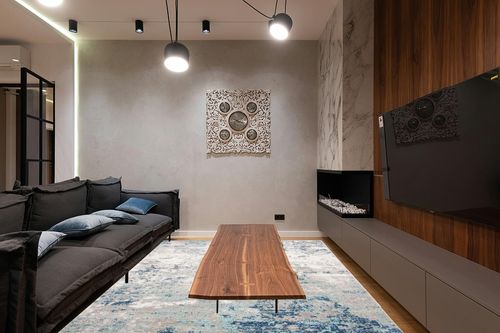 SAFAVIEH Brentwood Collection Area Rug - 8' x 10', Light Grey & Blue, Modern Abstract Design, Non-Shedding & Easy Care, Ideal for High Traffic Areas in Living Room, Bedroom (BNT822F) in Dark Wood Living Room with Black Couch