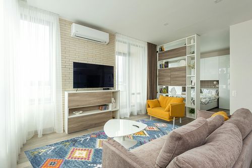 Eyely HOM105A-8 Moroccan Hype Tribal Love Geometric Indoor Area Rug Bohemian;Country & Floral;Southwestern, Bedroom, Kitchen, Living Room, Easy-Cleaning, Non-Shedding, 8 X 10, Dark Blue/Multi in Light Modern Living Room with TV