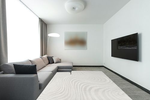 JONATHAN Y SCN103A-8 Maribo Abstract Groovy Striped Indoor Area Rug, Contemporary, Modern, Vintage, Coastal, Bohemian for Bedroom,Kitchen,Living Room,Non Shedding,Easy-Washing, Cream, 8 X 10 in Modern Living Room with Grey Couch