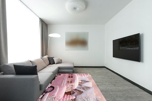 Pink Christmas Area Rug for Living Room, Rectangular Indoor Carpet - 5' x 7', Xmas Pink Truck Winter Snowflake Non-Skid Bathroom Mat Kitchen Runner Rugs for Bedroom in Modern Living Room with Grey Couch