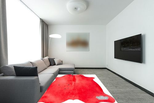 Appaloosa Cowhides Color Dyed Collection (Rusty Red) in Modern Living Room with Grey Couch