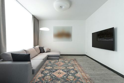 Loloi II Skye Collection SKY-10 SEA / RUST, Traditional 6'-0" x 9'-0" Area Rug in Modern Living Room with Grey Couch