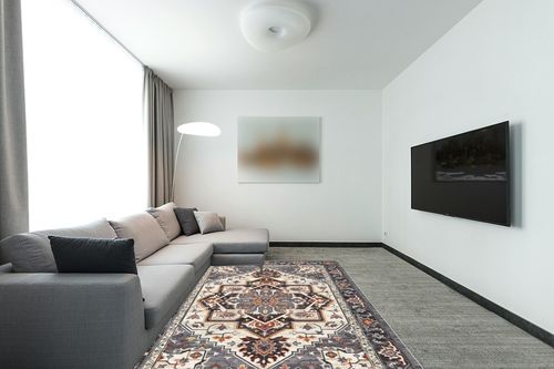 HOMFINE Ultra-Soft Washable Area Rug - 6x9 Non-Slip Vintage Low Pile Carpet Medallion Rugs for Living Room Bedroom Dining Room Office, Black in Modern Living Room with Grey Couch