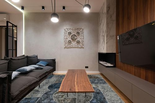 9x12 Area Rugs for Living Room Bedroom, Machine Washable Rug with Low Pile Non-Slip Backing, Soft Large Area Rug Vintage Patchwork Indoor Floor Carpet for Dining Room Nursery Office-Blue/Grey in Dark Wood Living Room with Black Couch