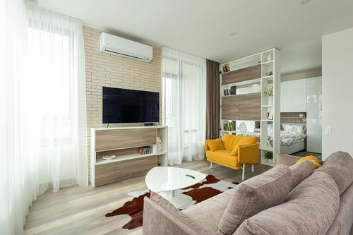 A-STAR Brown & White Cowhide Leather Rug Natural Premium Cow Skin Hide Hair on Area Rug for Living Room Décor 5ft x 7ft (152 CM X 213 CM) XX-Large in Light Modern Living Room with TV