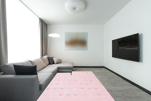 SAFAVIEH Kids Collection Area Rug - 6' x 9', Light Pink, Handmade Polka Dot Wool, Ideal for High Traffic Areas in Living Room, Bedroom (SFK803U) in Modern Living Room with Grey Couch