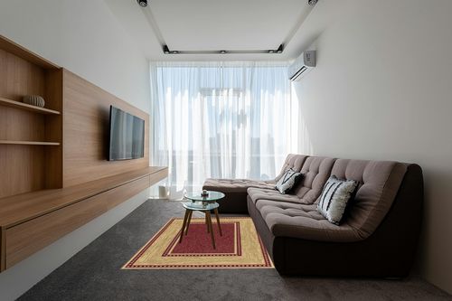 Ottomanson Machine Washable Border Design Non-Slip Rubberback 5x7 Modern Area Rug for Living Room, Bedroom, Dining Room, Office, 5' x 6'6", Red/Beige in Grey Living Room with Brown Couch