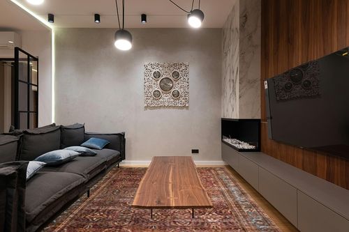 Loloi Layla 7'-6" x 9'-6" Area Rug in Brick/Blue - Thick Area Rug, Soft Area Rug with, Vintage Inspired Distressed Design, Low Pile, Non-Shedding, Easy Clean, Durable Living Room Rug in Dark Wood Living Room with Black Couch