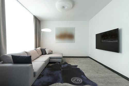 Sunshine Cowhides Genuine Black Cowhide Rug - Luxurious Cow Rug for Bedroom, Living Room, and Home Decor Enthusiasts - Masterpiece of Style and Functionality - 6x6-7ft (180x220cm) in Modern Living Room with Grey Couch