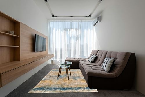 Unique Loom Deepa Collection Area Rug - Whane (Rectangular 6' 0" x 8' 9", Blue Ivory/ Yellow) in Grey Living Room with Brown Couch