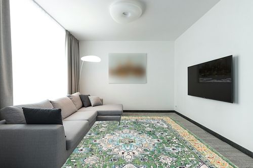 SAFAVIEH Madison Collection Area Rug - 9' x 12', Green & Turquoise, Boho Medallion Distressed Design, Non-Shedding & Easy Care, Ideal for High Traffic Areas in Living Room, Bedroom (MAD474Y) in Modern Living Room with Grey Couch