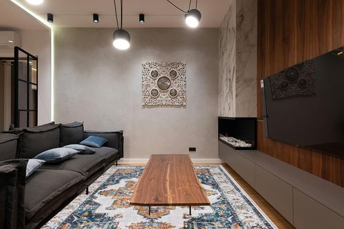 8x10 Area Rugs for Living Room Bedroom: Large Washable Rug with Non-Slip Backing Non-Shedding Stain Resistant, Boho Floral Large Carpet for Dining Room Nursery Home Office Indoor Blue/Orange in Dark Wood Living Room with Black Couch