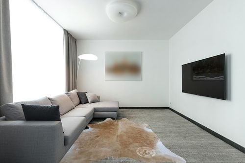 Genuine Palomino White and Beige Cowhide Rug 6 x 7-8 ft. 180 x 240 cm in Modern Living Room with Grey Couch