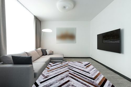 DECOMALL Coronado 8x10ft Area Rugs, Modern Geometric Faux Cowhide Patchwork Rug, Machine Washable Non Slip Carpet for Living Room Bedroom Dinning Room,8x10ft Multi in Modern Living Room with Grey Couch