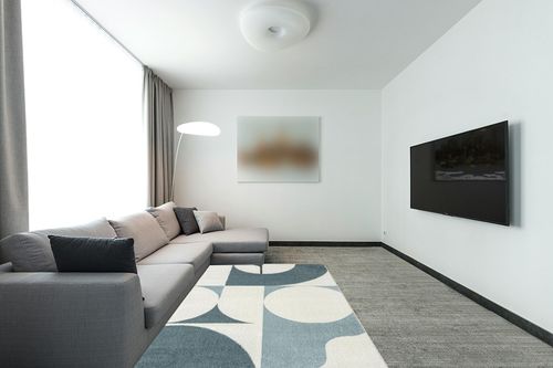 Abani Deco Collection Area Rug -Cream/Green Modern Geometric Design -5'3" x 7'6" - Easy to Clean - Durable for Kids and Pets - Non-Shedding - Medium Pile - Soft Feel -for Living Room, Bedroom & Office in Modern Living Room with Grey Couch