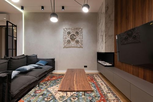 Lahome Boho Tribal Area Rug - 9x12 Large Dining Room Rug Soft Living Room Mat, Vintage Washable Indoor Floor Throw Carpet for Bedroom Powder Room Nursery Playroom Home Office Apartment Decor,Rust in Dark Wood Living Room with Black Couch