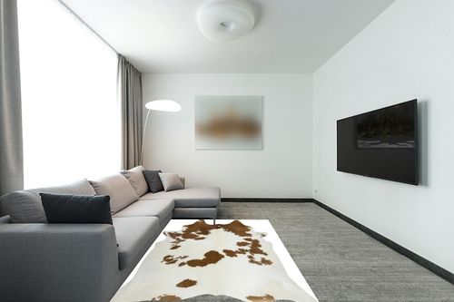 Brown & White Cowhide Area Rug Natural Premium Quality Cow Skin Hair On Leather Rug for Bedroom Décor 5ft x 7ft (60Inch x 84Inch, 152.4CM x 213.36CM) XX-Large in Modern Living Room with Grey Couch