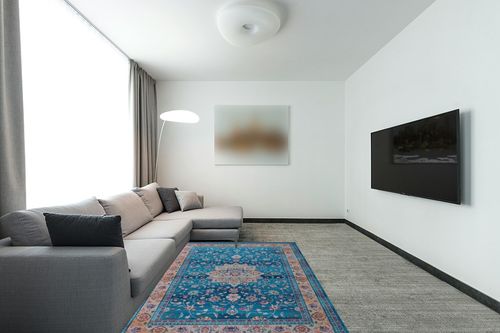 Area Rugs for Living Room 5'x7' Rugs Non-Slip Machine Washable Chenille Carpet Stain Rug Bedroom Dining Kids Nursery Office Laundry Room Decor Bathroom Kitchen Indoor (Blue/Beige) in Modern Living Room with Grey Couch