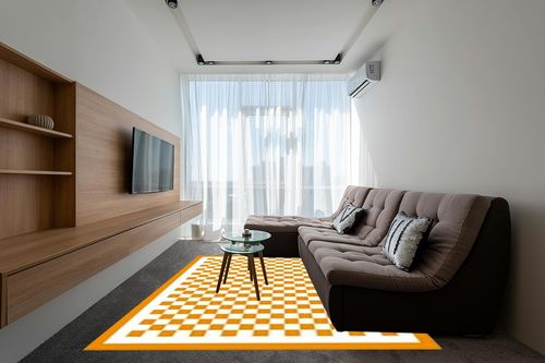 Washable 8x10 Checkered Area Rug for Living Room, Orange Checkerboard Modern Boho Large Rugs, Ultra Thin Low Pile Lightweight Indoor Carpet with Non-Slip Backing for Bedroom Kids Nursery Play Room in Grey Living Room with Brown Couch