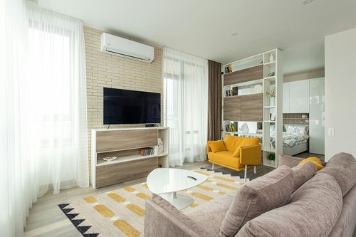 Abani Contemporary Transitional Area Rug - Non-Shed Yellow & Cream 6' x 9' Living Room Rug Rugs in Light Modern Living Room with TV