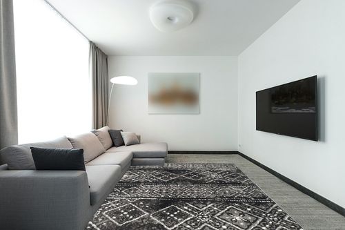 SAFAVIEH Adirondack Collection Area Rug - 8' x 10', Black & Silver, Moroccan Boho Distressed Design, Non-Shedding & Easy Care, Ideal for High Traffic Areas in Living Room, Bedroom (ADR111C) in Modern Living Room with Grey Couch