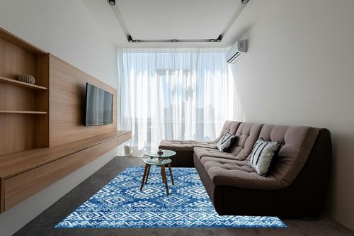 JONATHAN Y MOH102A-8 Moroccan Hype Boho Vintage Tribal Blue/White 8 ft. x 10 ft. Area-Rug, Bohemian, Easy-Cleaning, for Bedroom, Kitchen, Living Room, Non Shedding, Blue,White in Grey Living Room with Brown Couch