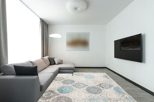 Grey/Blue Classic Fade Resistant, Stain Resistant Kitchen, Bedroom, Living Room, Home Office, Dining Room Area Rug in Modern Living Room with Grey Couch