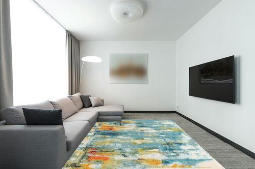 JONATHAN Y CTP100A-8 Contemporary POP Modern Abstract Waterfall Blue/Cream 8 ft. x 10 ft. Area-Rug, Bohemian, Easy-Cleaning, for Bedroom, Kitchen, Living Room, Non Shedding in Modern Living Room with Grey Couch