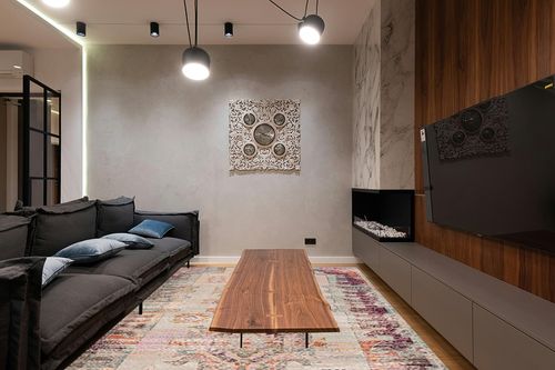 SAFAVIEH Crystal Collection Area Rug - 8' x 10', Light Grey & Purple, Boho Tribal Distressed Design, Non-Shedding & Easy Care, Ideal for High Traffic Areas in Living Room, Bedroom (CRS517P) in Dark Wood Living Room with Black Couch