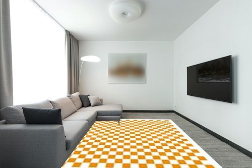 JROSING Checkered 8x10 Rug, Orange Checkerboard Modern Boho Washable Foldable Large Area Rugs for Living Room, Low Pile Ultrathin Nonslip Indoor Carpet for Office Bedroom Diningroom Classroom Playroom in Modern Living Room with Grey Couch
