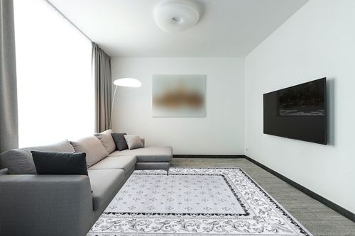 Eyely PDM504F-8 Modern Acanthus French Border Indoor Area Rug Vintage;Bohemian;Traditional, Bedroom, Kitchen, Living Room, Easy-Cleaning, Non-Shedding, 8 X 10, Light Gray/Cream in Modern Living Room with Grey Couch