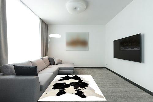 New Large 100% Black & White Cowhide Leather Rugs Cow Hide Skin Carpet Area 26-30 SQ.FT (Black & White) in Modern Living Room with Grey Couch