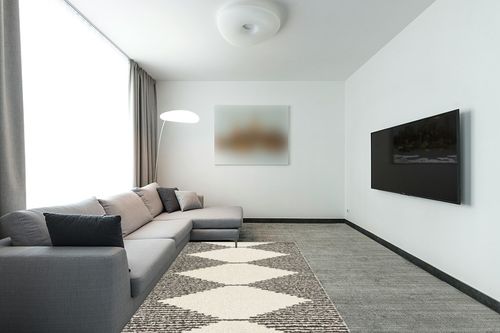Dave Geometric Ivory/Black Area Rug Steelside Rug Size: Rectangle 5'3" x 7' in Modern Living Room with Grey Couch