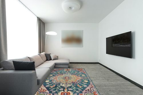SAFAVIEH Crystal Collection Area Rug - 5' x 8', Teal & Rose, Medallion Distressed Design, Non-Shedding & Easy Care, Ideal for High Traffic Areas in Living Room, Bedroom (CRS501T) in Modern Living Room with Grey Couch