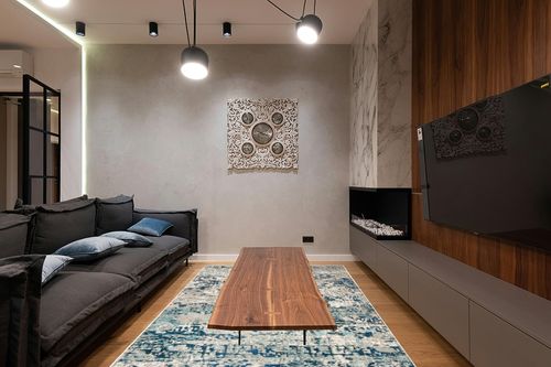 SAFAVIEH Madison Collection Area Rug - 6' x 9', Grey & Blue, Modern Abstract Design, Non-Shedding & Easy Care, Ideal for High Traffic Areas in Living Room, Bedroom (MAD460K) in Dark Wood Living Room with Black Couch
