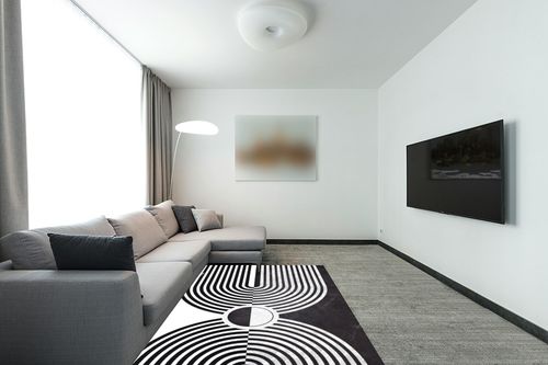 Minimalist Modern Black and White Area Rug 5x7 Mid-Century Arch Art Deco Rugs for Living Room Dining Room Bedroom Soft Thick Faux Wool Home Office Playroom Kitchen Carpet in Modern Living Room with Grey Couch