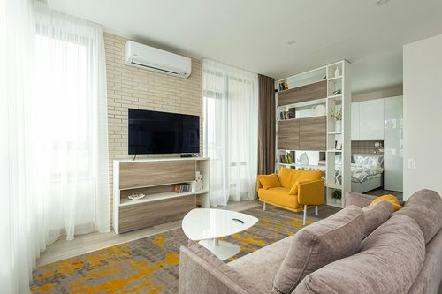 SAFAVIEH Porcello Collection Area Rug - 8'2" x 11', Light Grey & Yellow, Modern Abstract Design, Non-Shedding & Easy Care, Ideal for High Traffic Areas in Living Room, Bedroom (PRL7735C) in Light Modern Living Room with TV