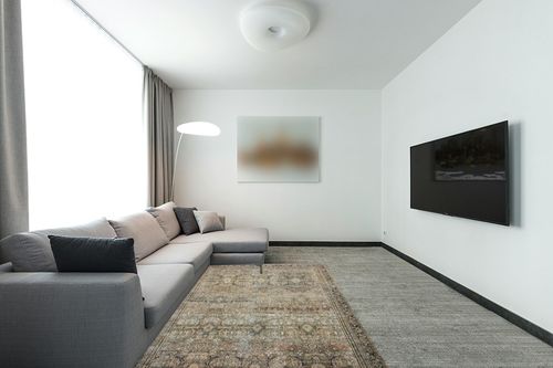 Loloi II Layla Collection LAY-03 Traditional Olive/Charcoal 5'-0" x 7'-6" Area Rug in Modern Living Room with Grey Couch