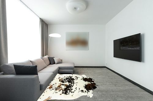 HIDES BAZAAR Light Tricolor Cowhide Rug, Premium Quality Genuine Leather Cow Hide, White, Brown and Black Color Mix Area Rug (5x7 ft) in Modern Living Room with Grey Couch