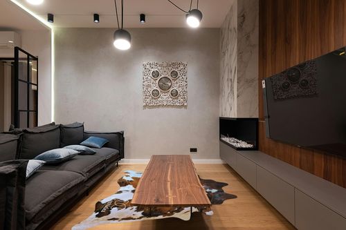 ecowhides 100% Genuine Brazilian Cowhide Rug - Tricolor, Brown, Black & White - Luxury Cowskin Leather Area Rug Decor, (X-Large) 7 x 6 ft in Dark Wood Living Room with Black Couch