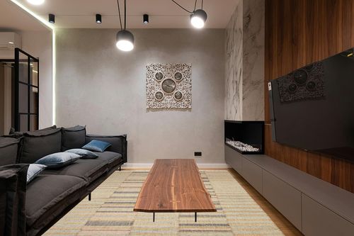 Dash & Albert Ravel Stripe Handwoven Wool Rug, 8 X 10 Feet, Neutral/Blue Geometric Pattern in Dark Wood Living Room with Black Couch