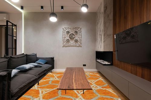 Addison Rugs Chantille ACN959 Orange 9' x 12' Indoor Outdoor Area Rug, Easy Clean, Machine Washable, Non Shedding, Bedroom, Entry, Living Room, Dining Room, Kitchen, Patio Rug in Dark Wood Living Room with Black Couch