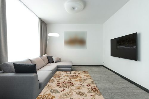 SUPERIOR Indoor Area Rug Perfect for Hallways, Entryway, Office, Living Room, Hardwood, Tile, Jute Backed, Modern Farmhouse Floral Decor, Jacobean Collection - 5ft x 8ft, Stone in Modern Living Room with Grey Couch