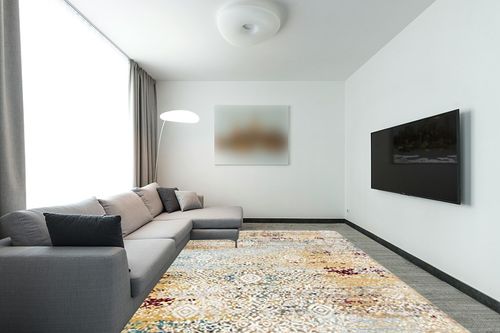 SAFAVIEH Aria Collection Area Rug - 9' x 12', Yellow & Cream, Boho Chic Distressed Design, Non-Shedding & Easy Care, Ideal for High Traffic Areas in Living Room, Bedroom (ARA183Y) in Modern Living Room with Grey Couch