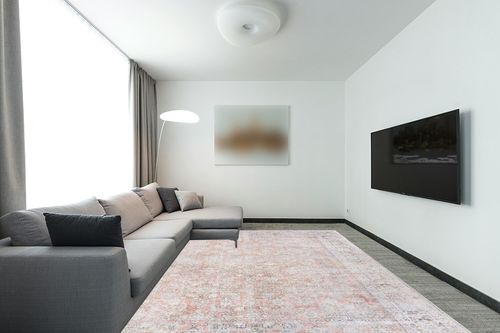 Superior Indoor Large Area Rug, Geometric Home Floor Decor, Farmhouse Aesthetic Rugs for Living Room/Dining, Kitchen, Entryway, Office, Bedroom Accent, Lottie Collection, Butterscotch, 9' x 12' in Modern Living Room with Grey Couch