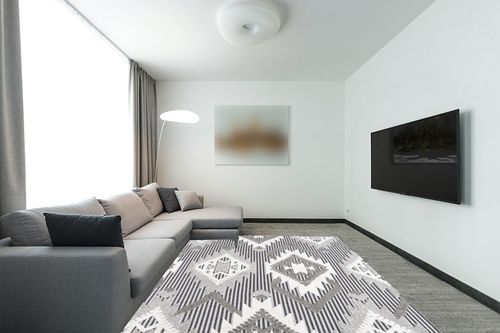 JONATHAN Y SBH107B-8 Sumak High-Low Pile Neutral Diamond Kilim Indoor Outdoor Area-Rug Bohemian Geometric Easy-Cleaning Bedroom Kitchen Backyard Patio Non Shedding, 8 ft x 10 ft, Gray/White/Black in Modern Living Room with Grey Couch