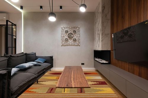 SAFAVIEH Kilim Collection Area Rug - 8' x 10', Red & Multi, Handmade Southwestern Tribal Wool, Ideal for High Traffic Areas in Living Room, Bedroom (NVK177A) in Dark Wood Living Room with Black Couch