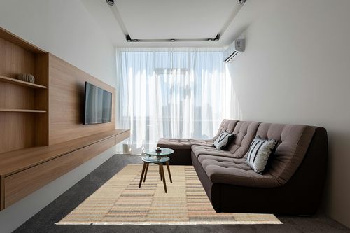Dash & Albert Ravel Stripe Handwoven Wool Rug, 8 X 10 Feet, Neutral/Blue Geometric Pattern in Grey Living Room with Brown Couch