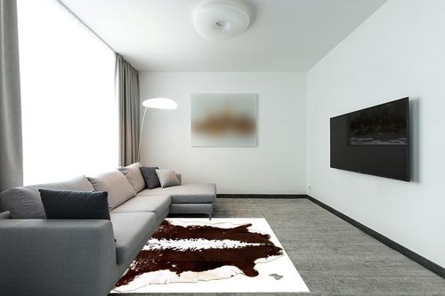 Genuine Cowhide Rug Hereford Black White Animal Skin Leather Cowhide Rug Real Cowskin Area Rug (Design 3, 5x6) in Modern Living Room with Grey Couch